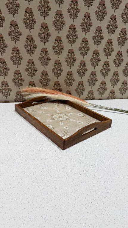 Beige Chikankari Wooden Rectangle Serving Tray