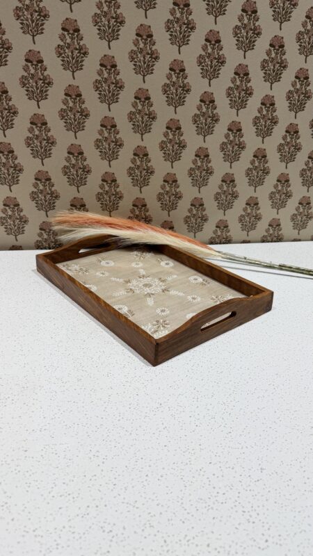 Beige Chikankari Wooden Rectangle Serving Tray