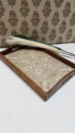 Authentic Beige Chikankari Wooden Rectangle Serving Tray - Image 2
