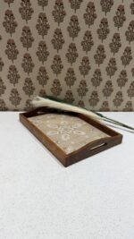 Beige Chikankari Wooden Rectangle Serving Tray