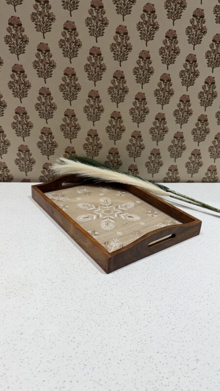 Beige Chikankari Wooden Rectangle Serving Tray