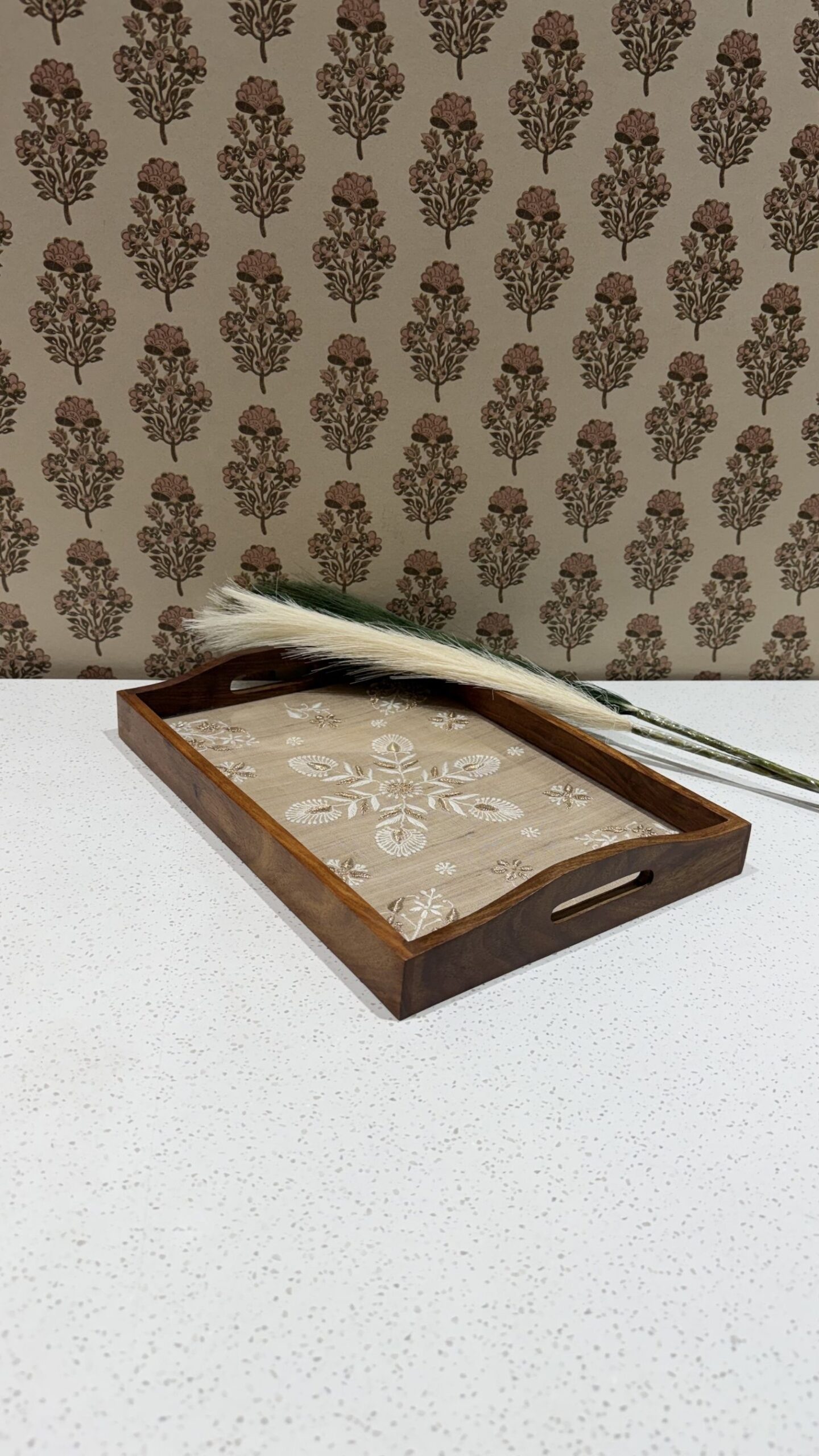 38 Beige Chikankari Wooden Rectangle Serving Tray