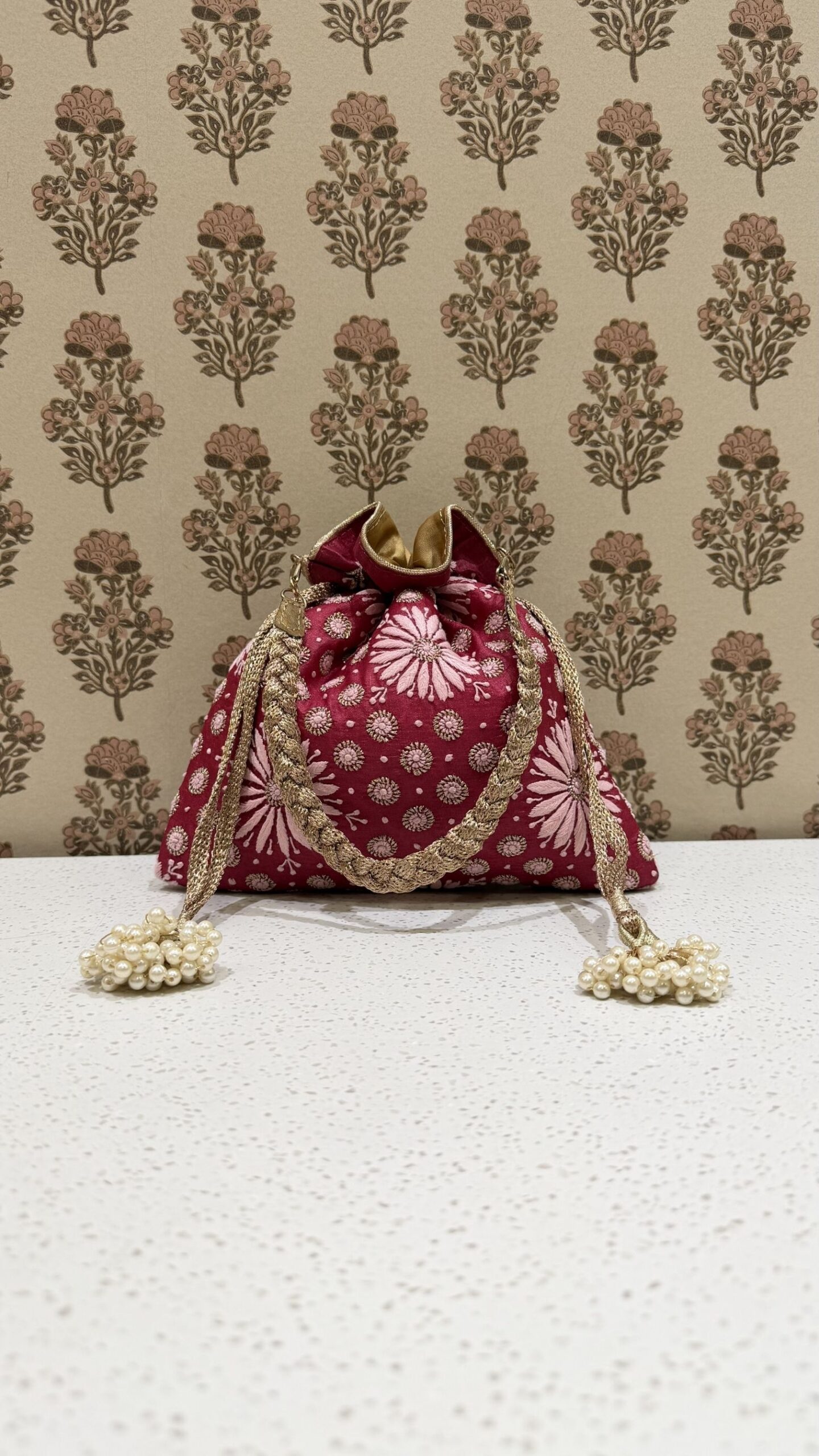 5 Raspberry Pink Chikankari Potli Bag for Women - Image 1