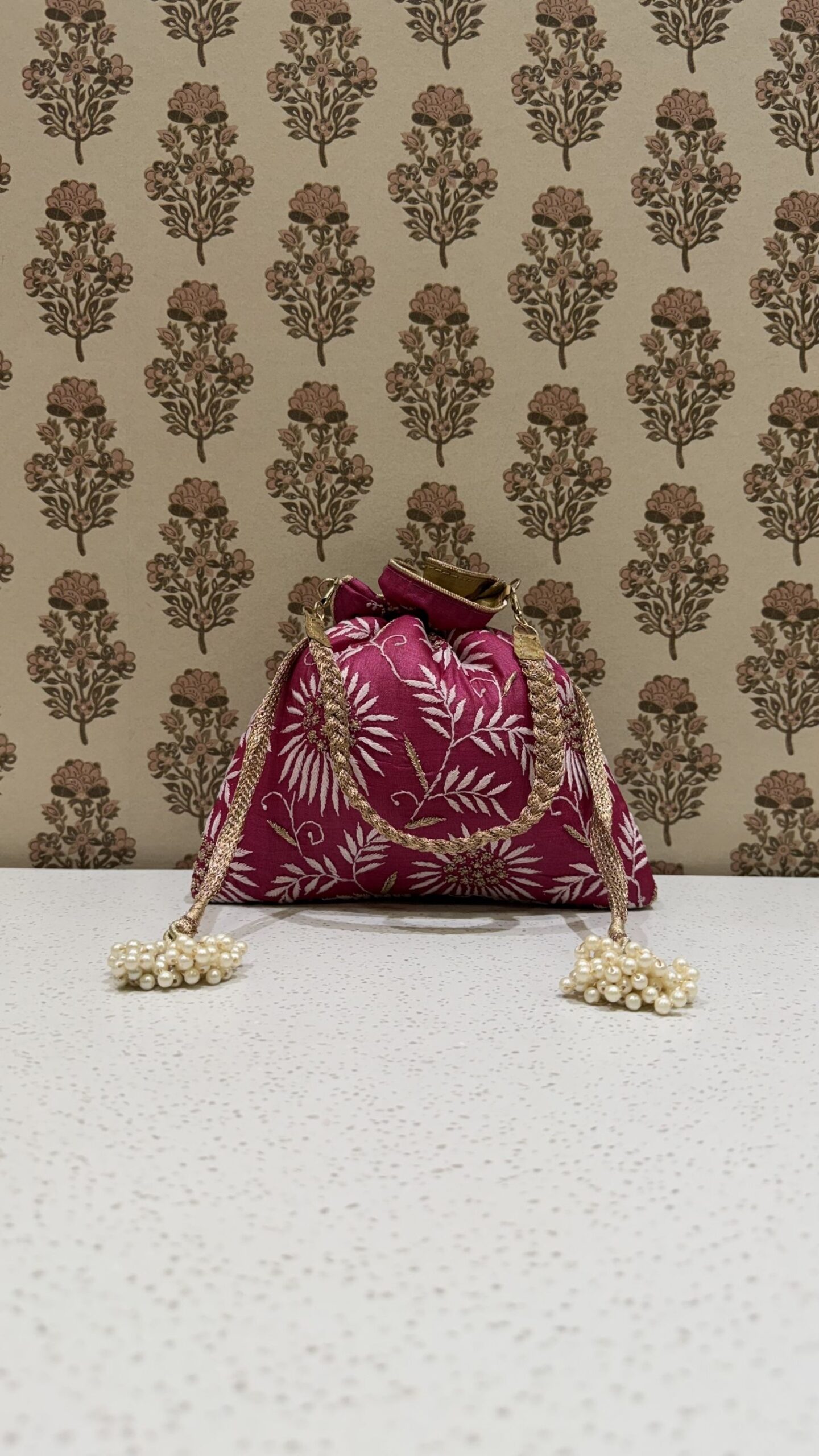 8 Berry Pink Chikankari Potli Bag for Women - Image 1
