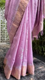 Mauve Pure & Premium Tussar Silk Chikankari Saree & Blouse - Image 2