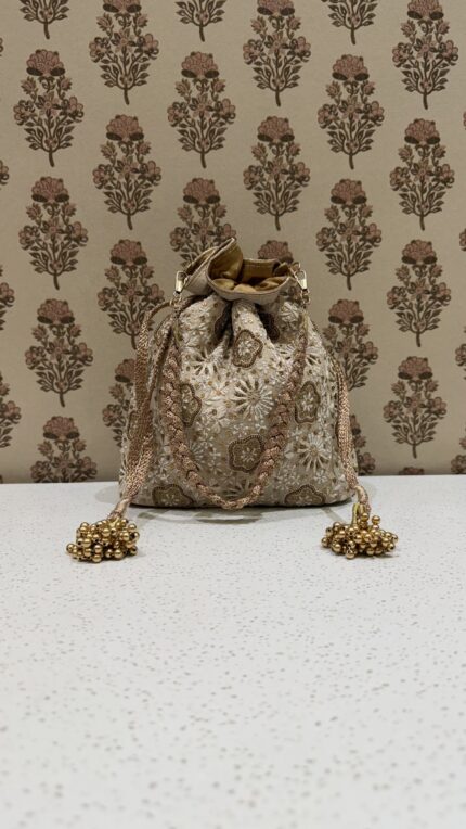 Beige Chikankari & Zardozi Batua Bag for Women