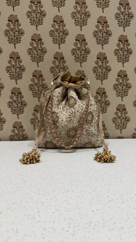 Beige Chikankari & Zardozi Batua Bag for Women