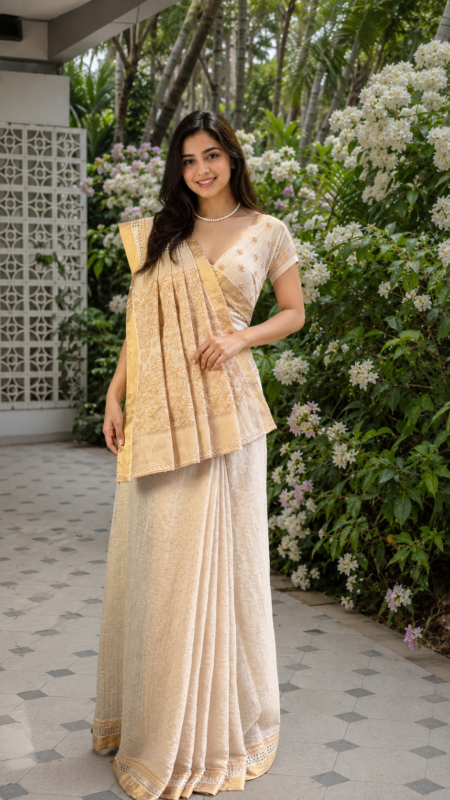 Luxury Dyeable Pure Premium Tissue Chikankari and Mukaish Saree with Blouse by Srajann