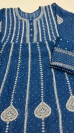Royal Blue Chanderi Mul Chikankari Anarkali & Dupatta Set - Image 6