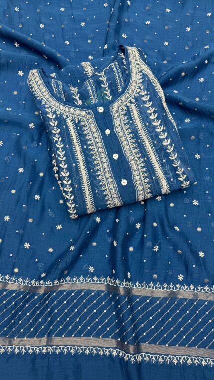 Royal Blue Chanderi Mul Chikankari Anarkali & Dupatta Set