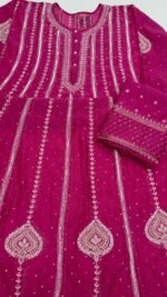 Hot Pink Chanderi Mul Chikankari Anarkali & Dupatta Set - Image 7