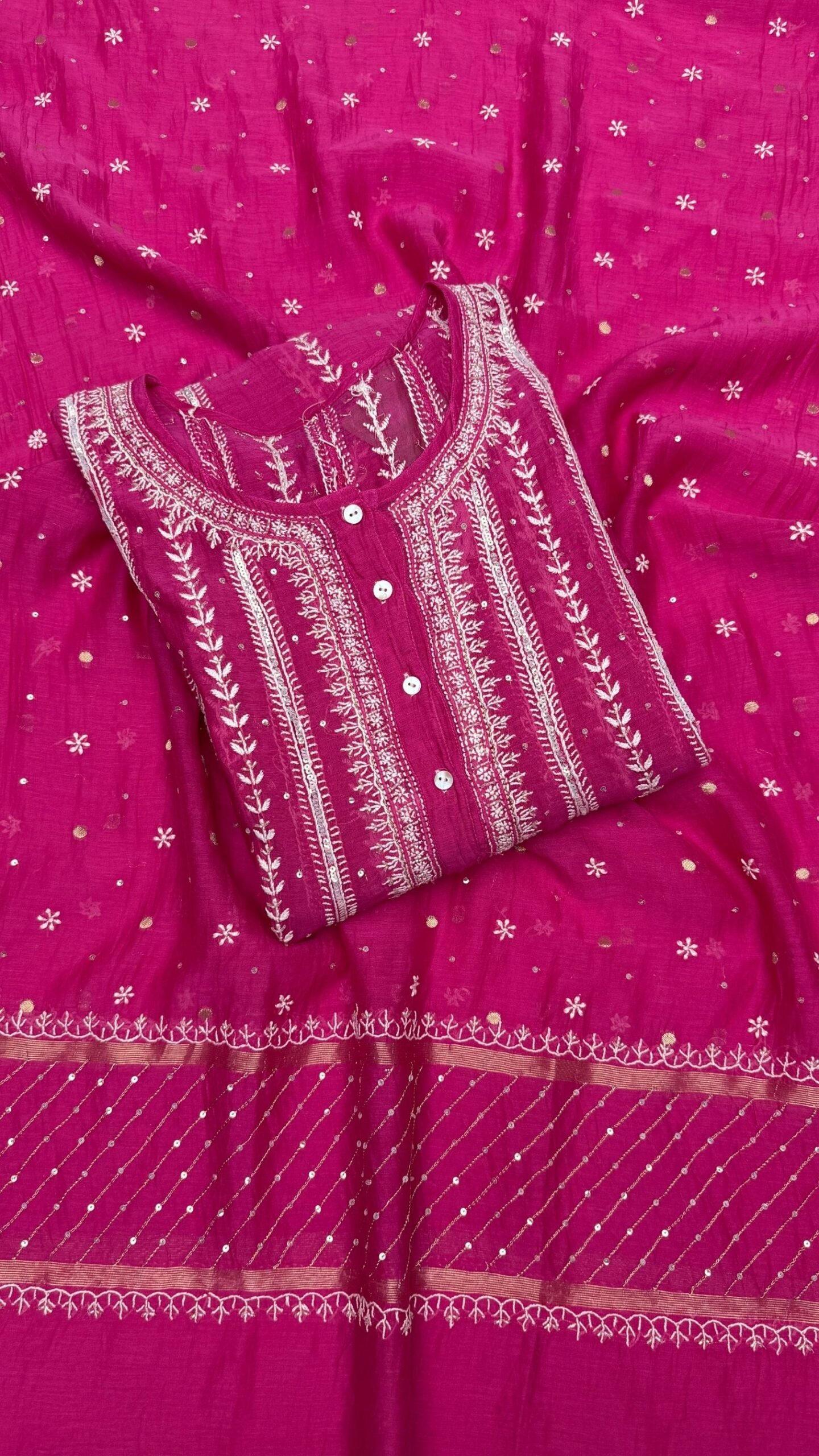 22 Hot Pink Chanderi Mul Chikankari Anarkali & Dupatta Set - Image 1
