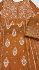 Orange Chanderi Mul Chikankari Anarkali & Dupatta Set - Image 7