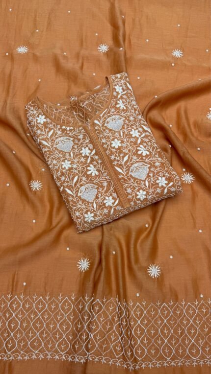 Orange Chanderi Mul Chikankari Anarkali & Dupatta Set