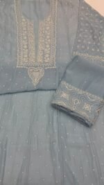 Powder Blue Chanderi Mul Chikankari Anarkali & Dupatta Set - Image 7