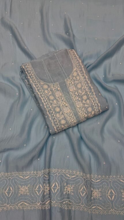Powder Blue Chanderi Mul Chikankari Anarkali & Dupatta Set