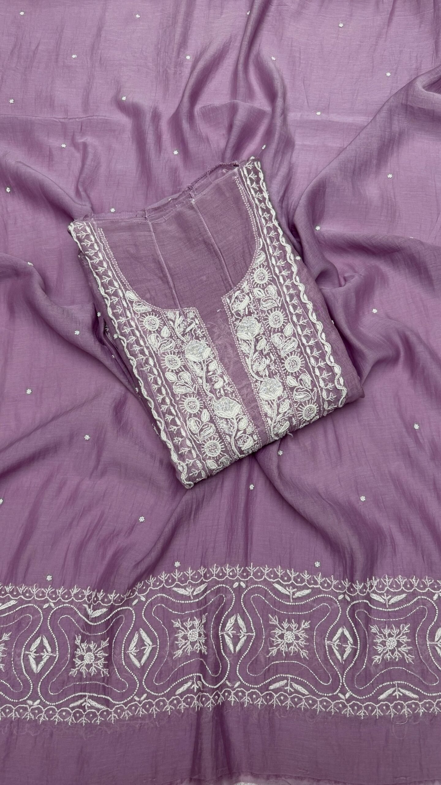 46 Lavender Chanderi Mul Chikankari Anarkali & Dupatta Set - Image 1