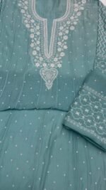 Soft Aqua Chanderi Mul Chikankari Anarkali & Dupatta Set - Image 7