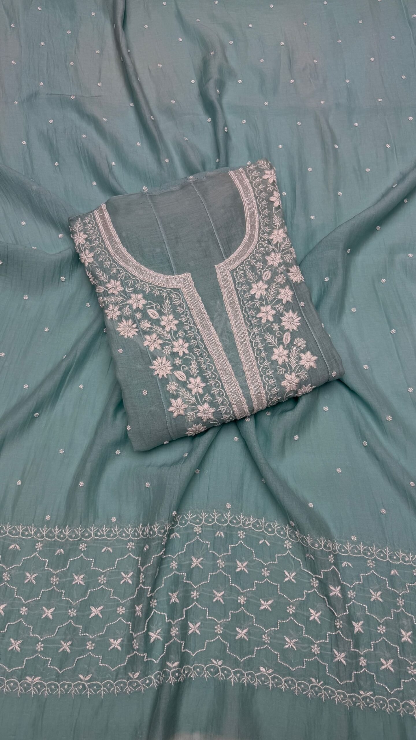 55 Soft Aqua Chanderi Mul Chikankari Anarkali & Dupatta Set - Image 1