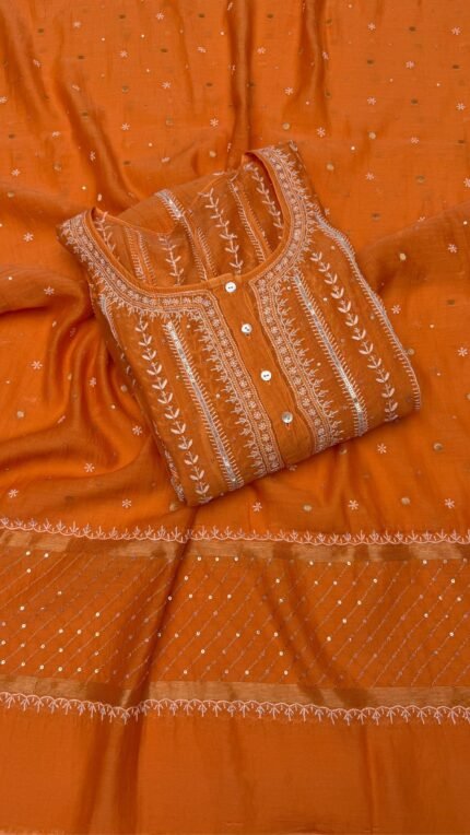Orange Chanderi Mul Chikankari Anarkali & Dupatta Set