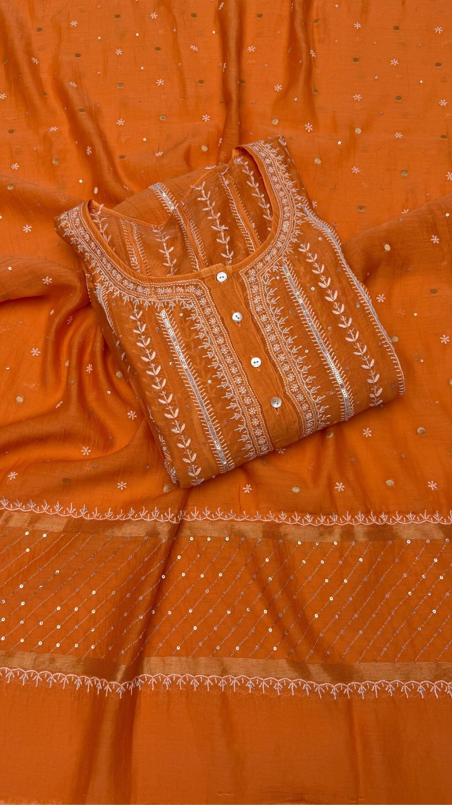 6 Orange Chanderi Mul Chikankari Anarkali & Dupatta Set - Image 1