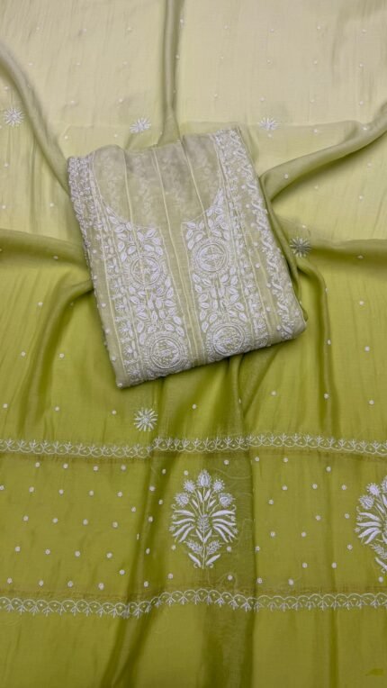 Apple Green Chanderi Mul Chikankari Anarkali & Dupatta Set