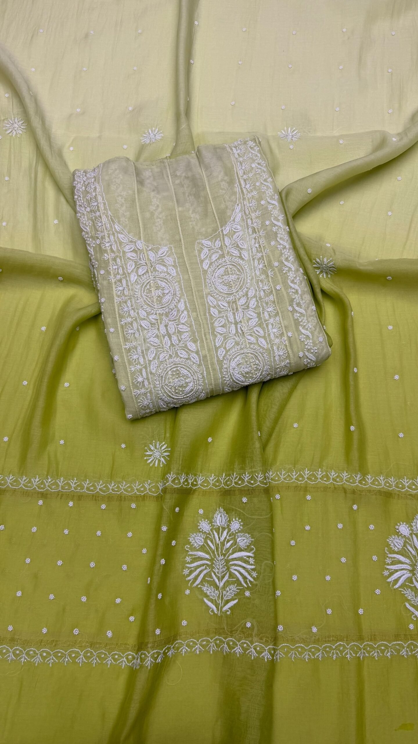 62 Apple Green Chanderi Mul Chikankari Anarkali & Dupatta Set - Image 1